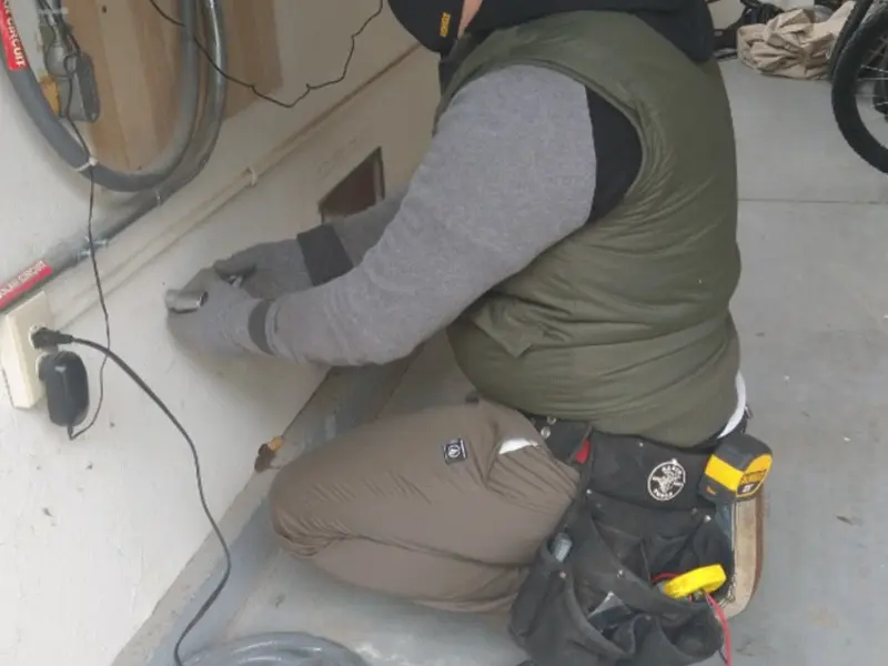 Electrician performing outlet wiring in a Macomb garage
